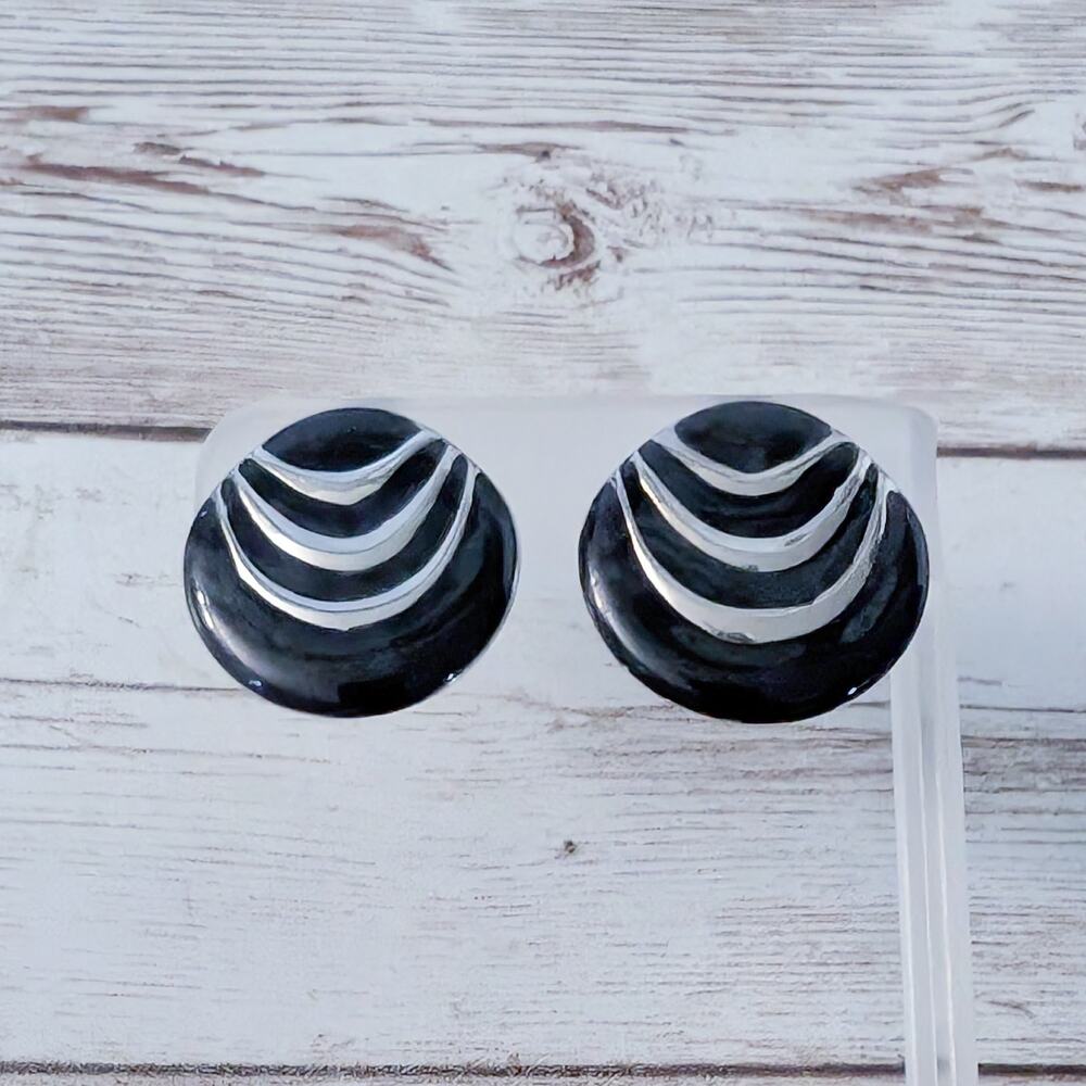 Vintage Clip On Earrings Statement Black & Silver Tone Circle